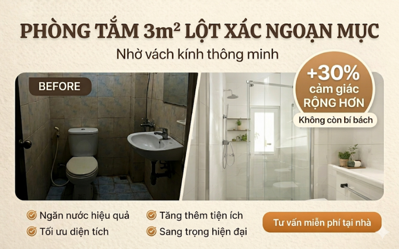 Phòng tắm 3m² lột xác nhờ vách kính – giải pháp tối ưu không gian nhỏ